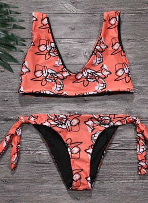 

2018 Off the Shoulder V Neck Floral Print Bathing Bikini Set