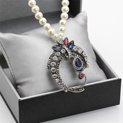 

Bohemia Ethnic Beads Pendant Necklace For Women Imitation Pearl Antique Silver Color Long Crystal Sweater Chain Indian Jewelry