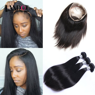 

8A 360 Lace Frontal Closure With 3 Bundles Peruvian Straight Virgin Human Hair Weaves 4 Pcs Lot Natural Black Remy Hair Extensions