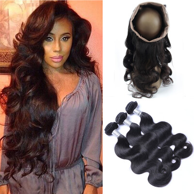 

8A 360 Lace Frontal Closures With 3 Bundles Cambodian Body Wave Virgin Human Hair Weave 4Pcs Lot Natural Black Remy Hair Extension