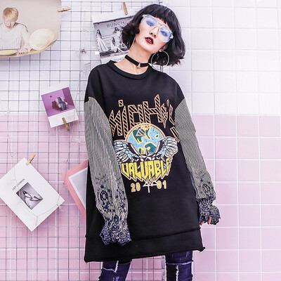 

Female 2018 New Spring Loose Long O-neck Casual Tide Embroidery Stitching Lantern Sleeve Tops Loose Sweatshirts
