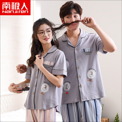 

Antarctic cotton pajamas mens couple pajamas short-sleeved trousers pajamas womens summer Korean version of the striped outside wear home service suit male gray stripes XXXL