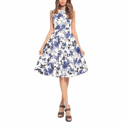 

BOFUTE New Europe America Womens Dresses Printing Sleeveless Hepburn Big Pendulum Dress A0013