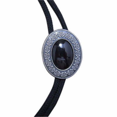

Vintage Black Agate Stone Celtic Bolo Tie With Sky Systems Fiber Rope