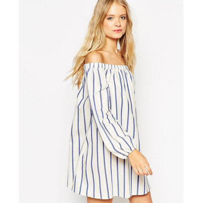 

Buenos Nninos Vertical Stripe Loose Collar Dress Flat Shoulder Vestidos