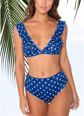

2018 Dot Print Ruffled Push Up Bra High Waist Bottoms Bikini Set