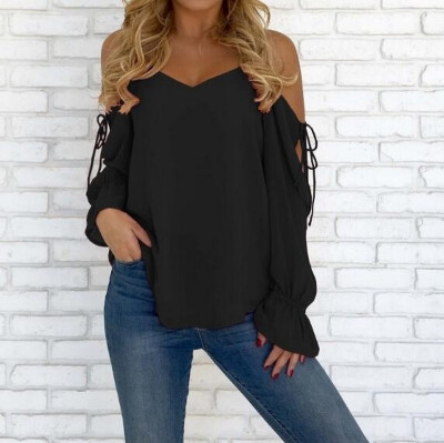 

2018 Spring&Summer Women Sexy Deep V-Neck Shirt Casual Long Sleeve Top Ladies Fashion Loose T-Shirts Off Shoulder Chiffon