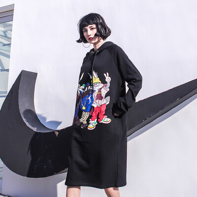 

2018 Spring New Long-sleeved Female Printing Cartoon Long Harajuku Loose Hooded Plus Size Sweatshirts Women