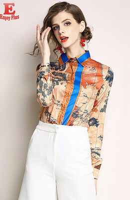 

S M L XL XXL office new summer 2018 women blouse shirt long sleeve digital print slim lady top with collar&button