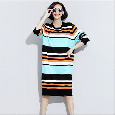 

Lovaru ™Осень новый европейский и американский хит цвет полосатый с длинными рукавами свитер платье свитер платье сыпучих крупных женщин размер