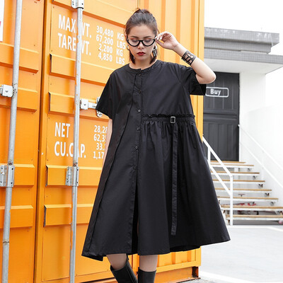 

2018 New Fashion Single Breasted Elastic Waist with Pockets A-line Midi Loose Dresses Women Plus Size