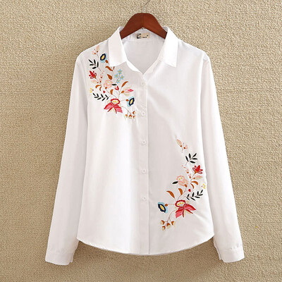 

Fashion Women Leaves Embroidery Long Sleeve Blouse Casual Shirt Blouses Tops