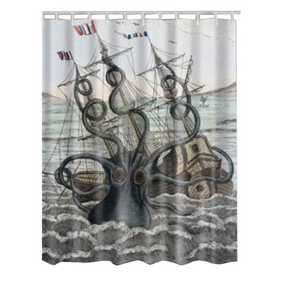 

UpperX Fabric Waterproof Bathroom Shower Curtain Panel Sheer Decor With Hooks SetWavy octopus sailboat