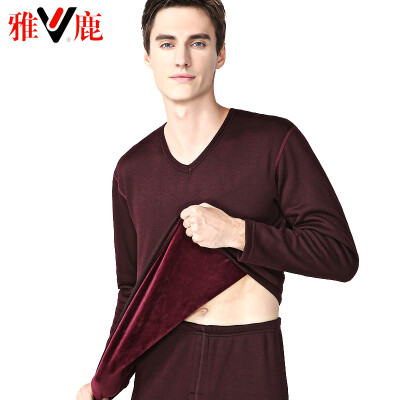 

Yalu thermal underwear men thickening plus velvet autumn clothes long pants suit de velvet thick warm underwear lovers suit male V-neck wine red XXL