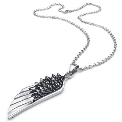 

Hpolw New Fashion Mens&Women 316L Stainless steel casting black featherVintage Angel Wing PendantBlack Silver18-26 inch Chain