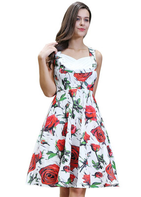 

2018 Strapless Retro Dress Floral Print 50s Vintage Dress Rockabilly Swing Pinup Women Summer Dress Party Club Casual Dresses