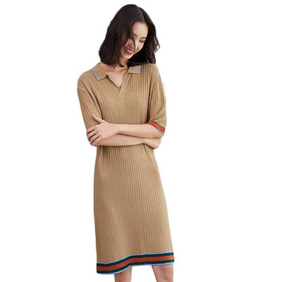 

Ice silk knit dress female POPL collar 2018 new womens summer loose T-shirt large size was thin five-point sleeve