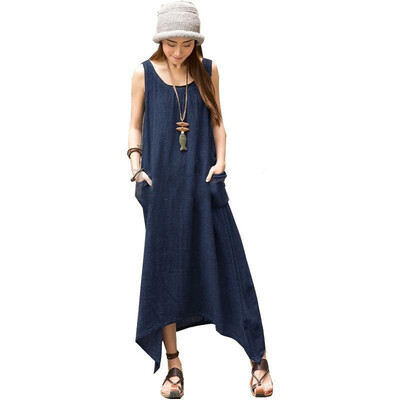 

5XL Plus Size Sleeveless Pocket Irregular Cotton Long Maxi Dress