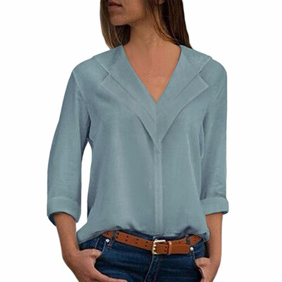 

2018 Women Ladies Sexy Solid V-neck Long Sleeve Shirt Tops