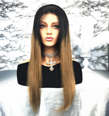 

T-top Hair T1B27 Brown Ombre Long Straight With Dark Root Human Hair Lace Front Wigs For Women Glueless Wig Bleached Knots