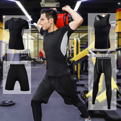 

Fan Dimu workout clothes sports suit four-piece fitness clothes tight compression clothing men&women training running clothes FNZ9001-mesh gray - short-sleeved four-piece set
