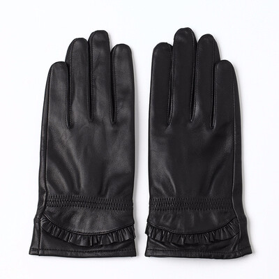 

Autumn&winter womens leather gloves sheepskin discount pleated ruffled decorative womens leather gloves to keep warm