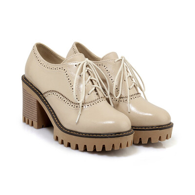 

IDIFU Womens Trendy Round Toe Oxfords- Low Top Solid Color Platform - Lace up Stacked Block High Heels Brogues Shoes
