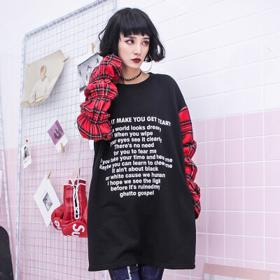 

2018 New Spring BF Style Fashion Hit Color Patchwork Plaid Print Plus Size Loose Women Sweatshirt Casual Sweatshirt