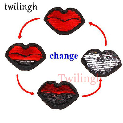 

twilingh 1pc Red Lip&Love Letter Reversible Change Color Sequins Patches DIY