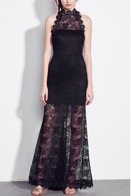 

Women Allover Lace Maxi Dress Lined Sleeveless Open Back Zipper Homecoming Dress