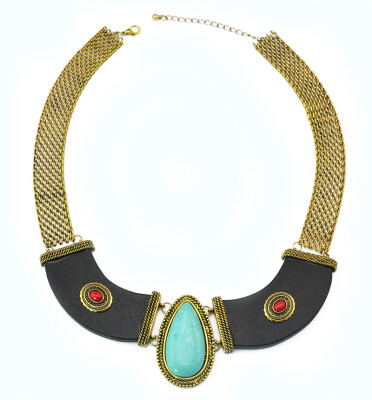 

Idealway Bohemian Vintage Gold Alloy Wide Chain Turquoise Stone Beads Collar Choker Necklace Women Jewelry