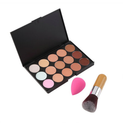 

15-Colors Concealer Palette + Sponge Puff + Bamboo Handle Round Top Brush Black