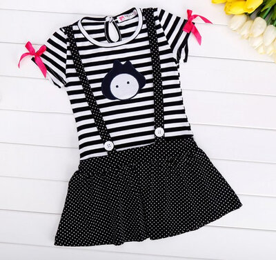 

New Cute Kids Children Girls Short Sleeve Striped Dot Print Dress