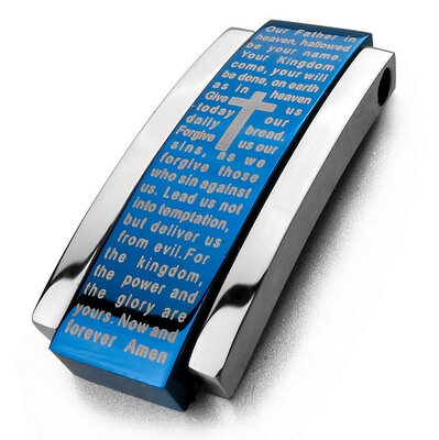 

Hpolw Mens Stainless Steel Pendant Necklace Silver Blue Bible Lords Prayer Cross Polished -with 23 inch Chain