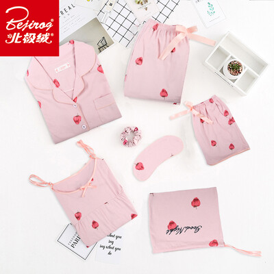 

Arctic velvet pajamas womens seven-piece set of four seasons long-sleeved shorts sexy sling cotton home service suit pink strawberry section L