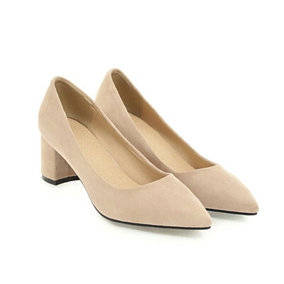 

IDIFU Womens Trendy Faux Suede Pointed Toe Low Cut OL Work Shoes Block Medium Heel Slip on Pump