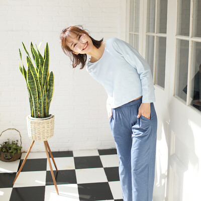 

Haizhining 17W49 Pajamas ladies sexy colorful nine-point sleeves long-sleeved trousers cotton home service suit home clothes two-piece light blue 175