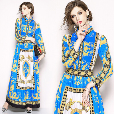 

DFYOP Vintage printed lapels long-sleeved waist slimming long fashion dress