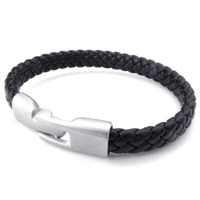 

Hpolw Mens Leather Bracelet, Braided Bangle, Black