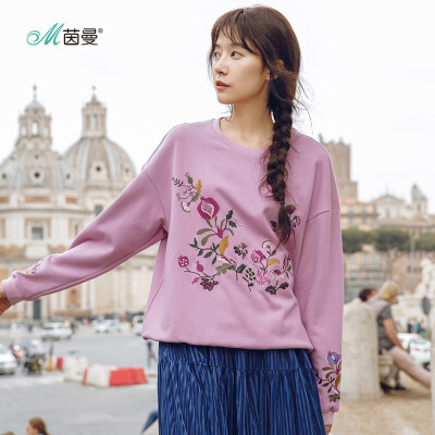 

INMAN 2018 autumn new round neck drop shoulder sleeves shrink hem embroidered wild sweater female 18830VP82231 shrimp powder L