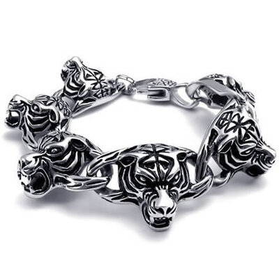 

Hpolw Heavy Large Silver&Black Stainless Steel Gothic Tiger Biker Mens Tiger head link Lobster clasp Bracelet