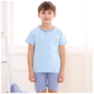 

Red bean home pajamas boys soft cotton lattice cartoon short sleeve family paternity couple home service suit green 15072
