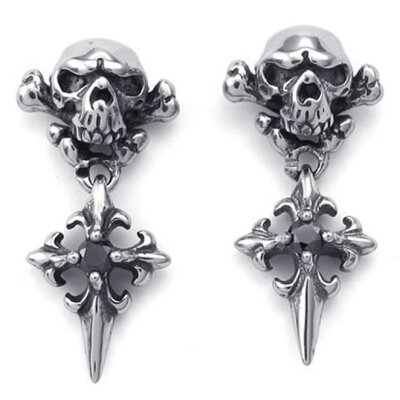 

Hpolw Mens CZ Stainless Steel Vintage Gothic Skull Cross Stud Earrings, Black Silver