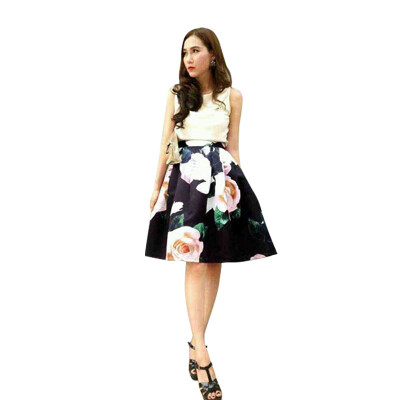 

New Fashion summer Floral Vintage peach blossom print prom skirt Pleated for women free shipping
