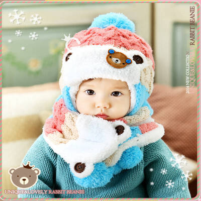 

Buebos Ninos Wool Knitted Hemp Flowers Set Korean Baby Kids Cute Little Bear Three-Colored Earmuffs 2 Pcs Set ( Hat + Scarf