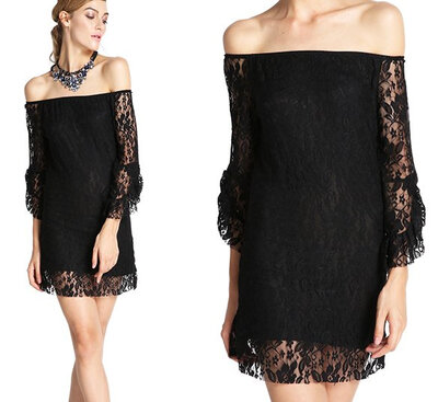 

Fashion Womens Sexy Dress Off-shoulder Flouncing Sleeve White Lace Dress Autumn-Summer