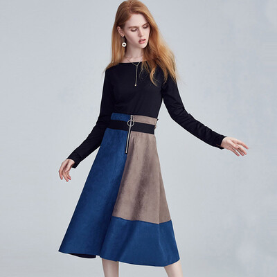 

Her Pool Womens 2018 Autumn New Solid Color Tops Collar Color Skirt Slim Temperament Set T73H2576A5XL Blue