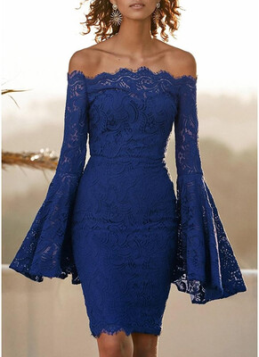 

Hot Lace Off the Shoulder Flare Long Dress Summer Sleeves Bodycon Mini Dress