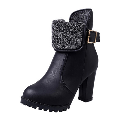 

Women Winter Martin Boot Buckle Fleece Chunky high Heel Lady Fashion Ankle Shoes