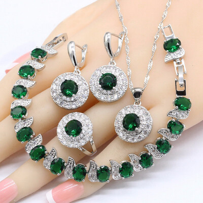 

Green Emerald Silver 925 Jewelry Sets For Wome Necklace Pendant Earrings Bracelets Rings